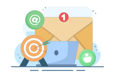 E- posta Pazarlaması, Çevrimiçi İş Stratejisi, Reklamcılık, E- posta Gazetesi, Mesajlaşma, İş Pazarlama materyali ile Hedef İzleyiciye Yaklaşma kavramı. Düz Vektör İllüstrasyonu.