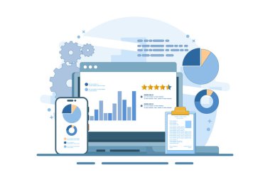 İş ve finans analisti konsepti, iş denetimi, büyüme ve sonuçlar, finans, analistle birlikte grafikler ve diyagramlar üzerine yapılan iş finans yatırımı verileri. Vektör düz tasarım çizimi.