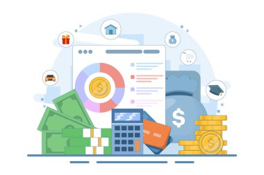 Bütçe yönetimi konsepti. Kişisel mali kontrol. Para akışı. Kişisel bütçe planlaması. Bütçe planı. Modern düz çizgi film tarzı. Beyaz arkaplanda vektör illüstrasyonu.