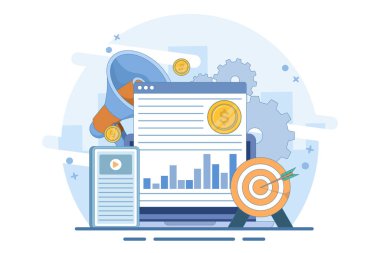 İş ve sosyal medya pazarlaması, içerik pazarlaması, web sitesi, viral, SEO, anahtar sözcükler, reklamcılık ve İnternet pazarlaması için dijital çevrimiçi pazarlama kavramı. Bilgi grafikleri. Düz vektör illüstrasyonu.