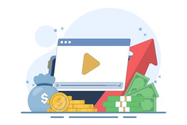 Yatırım, ticaret ve bütçe konularında çevrimiçi finans kursları, internet eğitim videoları, yatırım ticaret yönetimi hakkında dijital webinarlar izlemek. Vektör illüstrasyonu.