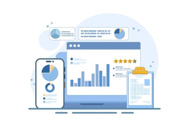 İş ve finans analisti konsepti, iş denetimi, büyüme ve sonuçlar, finans, analistle birlikte grafikler ve diyagramlar üzerine yapılan iş finans yatırımı verileri. Vektör düz tasarım çizimi.