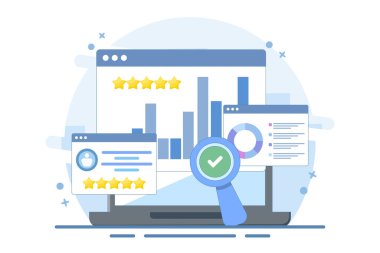 Çevrimiçi iş raporlu iş kavramı, iş verileri analizi, iş dünyası için büyük veriler, veri bilimi, iş istatistikleri ve açıklamaları, analitik gösterge paneli. Düz vektör illüstrasyonu.