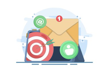 E- posta Pazarlaması, Çevrimiçi İş Stratejisi, Reklamcılık, E- posta Gazetesi, Mesajlaşma, İş Pazarlama materyali ile Hedef İzleyiciye Yaklaşma kavramı. Düz Vektör İllüstrasyonu.