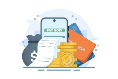 Çevrimiçi Kart Ödeme Konsepti, Kolay Ödeme. Kolay Düzenle ve Özelleştir, Para Aktarımı, Mobil Cüzdan Konsepti afiş, mobil uygulama, sunum. Arkaplanda düz vektör illüstrasyonu.