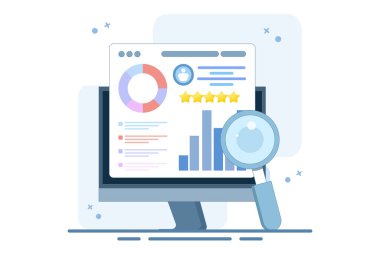 Çevrimiçi iş raporlu iş kavramı, iş verileri analizi, iş dünyası için büyük veriler, veri bilimi, iş istatistikleri ve açıklamaları, analitik gösterge paneli. Düz vektör illüstrasyonu.