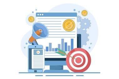 İş ve sosyal medya pazarlaması, içerik pazarlaması, web sitesi, viral, SEO, anahtar sözcükler, reklamcılık ve İnternet pazarlaması için dijital çevrimiçi pazarlama kavramı. Bilgi grafikleri. Düz vektör illüstrasyonu.