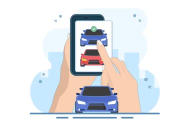 İnternet üzerinden araba satın alma sitesi ya da araba kiralama mağazası karşılaştırma web sitesi fikri dijital tablet bilgisayarda araba seçerek, satın alarak ve satarak. Arkaplanda düz vektör illüstrasyonu.