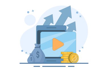 Yatırım, ticaret ve bütçe konularında çevrimiçi finans kursları, internet eğitim videoları, yatırım ticaret yönetimi hakkında dijital webinarlar izlemek. Vektör illüstrasyonu.