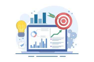 Laptop ve Target Arrow 'un iş haritası raporu. Analizci finansal tabloları ve grafikleri analiz ediyor. İş Pazarlama Kontrol Paneli Konsepti. Kar optimizasyonu. Arkaplanda düz vektör illüstrasyonu.