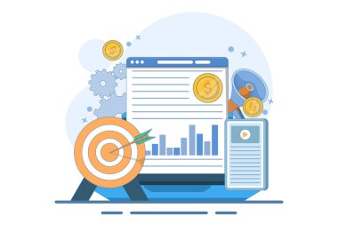 İş ve sosyal medya pazarlaması, içerik pazarlaması, web sitesi, viral, SEO, anahtar sözcükler, reklamcılık ve İnternet pazarlaması için dijital çevrimiçi pazarlama kavramı. Bilgi grafikleri. Düz vektör illüstrasyonu.