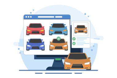 İnternet üzerinden araba satın alma sitesi ya da araba kiralama mağazası karşılaştırma web sitesi fikri dijital tablet bilgisayarda araba seçerek, satın alarak ve satarak. Arkaplanda düz vektör illüstrasyonu.