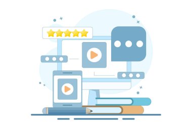 Uzaktan öğrenme ve çevrimiçi eğitim kavramı. İnternet eğitim platformunda kendi kendine öğrenim. Öğrenci öğretmenle konuşuyor. Ders incelemesi. Düz Çizgi film Vektör İllüstrasyonu.