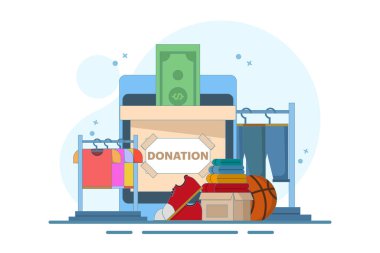 Çevrimiçi Toplum için Bağış Konsepti, teçhizatlı akıllı cihazlar, kıyafetler ve ayakkabılar, dijital pazarlama. Hayırseverlik, sevgi ve toplum desteği. Arkaplanda düz vektör illüstrasyonu.