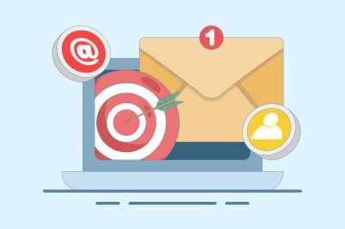 E- posta Pazarlaması, Çevrimiçi İş Stratejisi, Reklamcılık, E- posta Gazetesi, Mesajlaşma, İş Pazarlama materyali ile Hedef İzleyiciye Yaklaşma kavramı. Düz Vektör İllüstrasyonu.