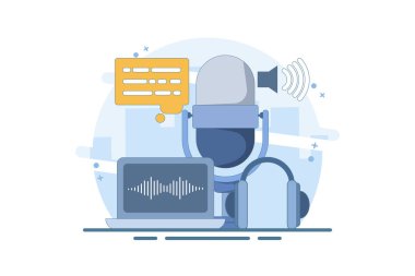 Podcast ve yayın konsepti. Radyo stüdyosu mikrofona konuşuyor ve ses podcast 'i kaydediyor ya da canlı yayında röportaj yapıyor. Düz tasarım çeşitli amaçlar için uygundur. Düz vektör illüstrasyonu.