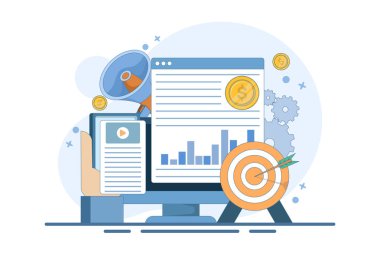 İş ve sosyal medya pazarlaması, içerik pazarlaması, web sitesi, viral, SEO, anahtar sözcükler, reklamcılık ve İnternet pazarlaması için dijital çevrimiçi pazarlama kavramı. Bilgi grafikleri. Düz vektör illüstrasyonu.