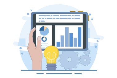 Tablet ve Ampul Fikri İş Grafikleri Raporu. İş İstihbaratı Konsepti. Doğru bilgi araştırması, iş istihbaratı ve başarılı strateji planlaması. Düz Vektör İllüstrasyonu.