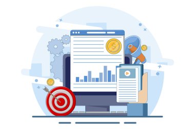 İş ve sosyal medya pazarlaması, içerik pazarlaması, web sitesi, viral, SEO, anahtar sözcükler, reklamcılık ve İnternet pazarlaması için dijital çevrimiçi pazarlama kavramı. Bilgi grafikleri. Düz vektör illüstrasyonu.