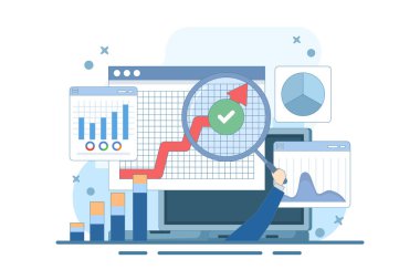 Büyük Data ve Bulut Hesaplama Konsepti. Şirketler büyük veri setlerini analiz etmek ve hataları tanımlamak için uzak sunucular kullanır. Eyleme geçirilebilir veri kavramı. Arkaplanda düz vektör illüstrasyonu.