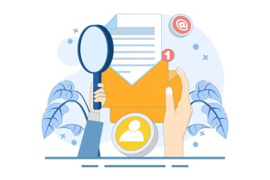 Hedef kitleye e-posta pazarlaması, çevrimiçi iş stratejisi, reklamcılık, e-posta bülteni, mesajlar, pazarlama materyalleri, afişler kullanarak yaklaşma kavramı. Düz vektör illüstrasyonu.