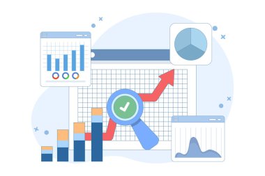 Büyük Data ve Bulut Hesaplama Konsepti. Şirketler büyük veri setlerini analiz etmek ve hataları tanımlamak için uzak sunucular kullanır. Eyleme geçirilebilir veri kavramı. Arkaplanda düz vektör illüstrasyonu.