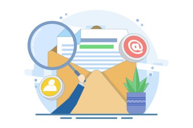 Hedef kitleye e-posta pazarlaması, çevrimiçi iş stratejisi, reklamcılık, e-posta bülteni, mesajlar, pazarlama materyalleri, afişler kullanarak yaklaşma kavramı. Düz vektör illüstrasyonu.