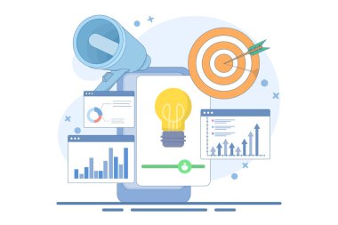 İş Fikri Grafik Bilgi Konsepti. İş Fikri Tasarımı. Bilgiyi büyüteçle kontrol ediyorum. Arkaplanda düz tasarım çizimi.