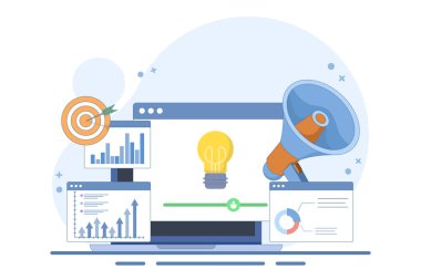 İş Fikri Grafik Bilgi Konsepti. İş Fikri Tasarımı. Bilgiyi büyüteçle kontrol ediyorum. Arkaplanda düz tasarım çizimi.