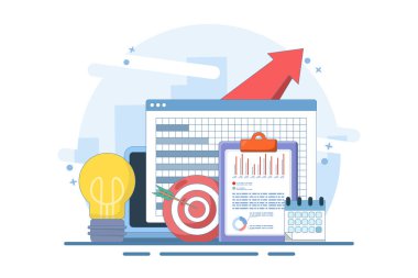 İş görüşü kavramı. Şirketin görevini bulmak ve gerçekleştirmek. Ekonomik araştırma ve tahmin görselleştirme. Modern düz stil, mobil uygulama. Düz Çizim.