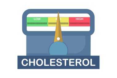 Kolesterol Metre Simgesi Tasarımı, Yüksek Seviye Gösterge Tasarımı, Kontrol paneli Hız göstergesi, Kolesterol Seviyesi Ölçeği, Sağlık ve Kalp Analizi için ok göstergesi. Arkaplanda düz vektör illüstrasyonu.