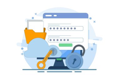 Bulut güvenlik sistemi konsepti, güvenli bulut sunucusunda depolanan veri, bulut depolama parola doğrulaması, şifre anahtarı güvenliği, arka planda düz tasarım illüstrasyonu.