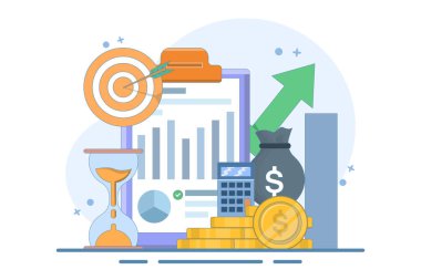 Maliye İş Konsepti, maliyet ve kalite göstergelerinin değerlendirilmesi, veri grafiğinin izlenmesi veya diyagram sonuçlarının izlenmesi, arkaplanda Düz Çizim Tasarımı.