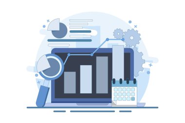 Büyüteç Finansal İşletme Çizelgesi ile Mali Diyagram Analizi Konsepti. Denetim, iş analizi konsepti. Fırsatlar. Denetim çizelgesi ve belgeler. Düz vektör illüstrasyonu.