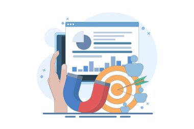 Hedef kitle konsepti. Akıllı telefon uygulamalarında sosyal ağlara reklam vermek. Müşteri erişimi, dijital pazarlama, iş hedefleri, satış kazancı. Modern düz çizgi film tarzı. Düz vektör illüstrasyonu.