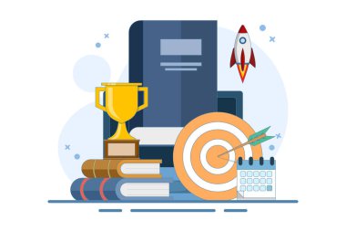 Kendi kendini geliştirme konsepti. Yetenek gelişimi. Kendi kendine öğrenme, çevrimiçi eğitim, e-kitaplar, uzaktan öğrenme. Gol başarısı. Modern düz çizgi film tarzı. Arkaplanda vektör illüstrasyonu.