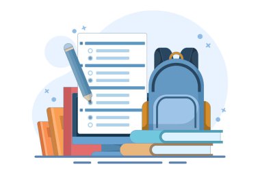 Çevrimiçi eğitim kavramı, ödevli bilgisayar, kalem, kitap, okul çantası, izole edilmiş arka plan, dijital pazarlama. arkaplanda düz vektör illüstrasyonu.