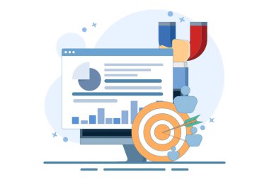 Hedef kitle konsepti. Akıllı telefon uygulamalarında sosyal ağlara reklam vermek. Müşteri erişimi, dijital pazarlama, iş hedefleri, satış kazancı. Modern düz çizgi film tarzı. Düz vektör illüstrasyonu.