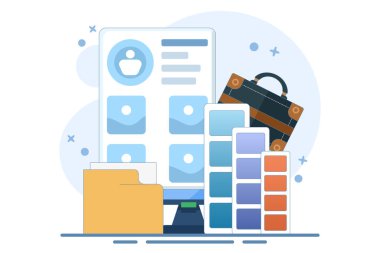 Portföy konsepti. Çalışma galerisi ve dosya koleksiyonu olan evrak çantası. Sunum sanatçısı dizin önizlemesi. İniş sayfası için ekran şablonu, arayüz, ağ, uygulama, poster, pankart. Düz vektör illüstrasyonu.