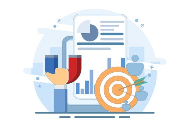 Hedef kitle konsepti. Akıllı telefon uygulamalarında sosyal ağlara reklam vermek. Müşteri erişimi, dijital pazarlama, iş hedefleri, satış kazancı. Modern düz çizgi film tarzı. Düz vektör illüstrasyonu.