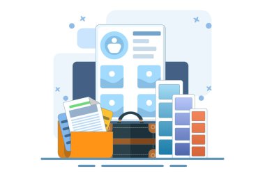 Portföy konsepti. Çalışma galerisi ve dosya koleksiyonu olan evrak çantası. Sunum sanatçısı dizin önizlemesi. İniş sayfası için ekran şablonu, arayüz, ağ, uygulama, poster, pankart. Düz vektör illüstrasyonu.