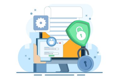 çevrimiçi siber veri güvenliği konsepti, kişisel veri ve e-posta güvenliği, internet güvenliği veya bilgi gizliliği. Güvenli internet güvenlik sistemi. arkaplanda düz vektör illüstrasyonu.