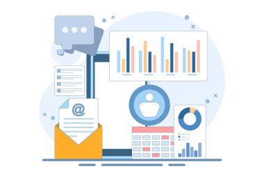 Ekranda, e- posta bildirimleri, grafikler ve veri görselleriyle birlikte kullanıcı profili ve analitik kavramı. Sosyal medya yönetimi, dijital pazarlama ve çevrimiçi iletişim. düz vektör illüstrasyonu.