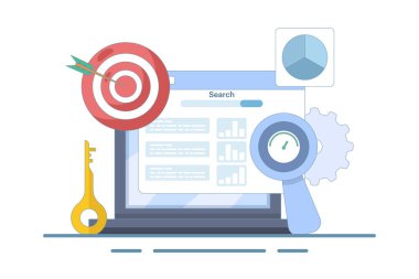 SEO Araç Kavramı, anahtar kelime araştırma aracı, rakip SEO analizi, web sitesi performansını izleyen SEO yazılımı, simgeli düz tasarım vektör çizimi.