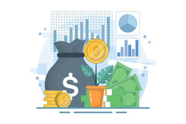 Zengin olmak için para kazan, gelir ve karı arttır, yatırım kar büyümesi, mali danışman veya zenginlik yönetimi. Para ağacını büyük okla sulamak. düz vektör illüstrasyonu.