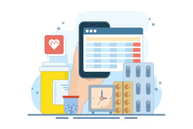 Günlük hap hatırlatmalı ilaç takvimi konsepti, düzenli sağlık hizmeti programı planlaması, sağlık takibi, reçete yönetimi ve ilaca dayalı uyarılar. Düz Çizim.