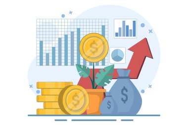 Zengin olmak için para kazan, gelir ve karı arttır, yatırım kar büyümesi, mali danışman veya zenginlik yönetimi. Para ağacını büyük okla sulamak. düz vektör illüstrasyonu.