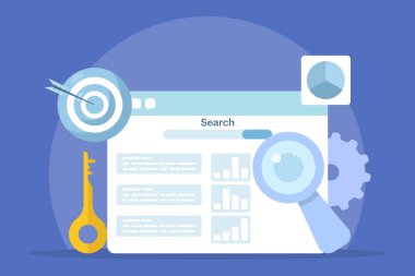 SEO Araç Kavramı, anahtar kelime araştırma aracı, rakip SEO analizi, web sitesi performansını izleyen SEO yazılımı, simgeli düz tasarım vektör çizimi.