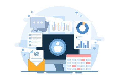 Ekranda, e- posta bildirimleri, grafikler ve veri görselleriyle birlikte kullanıcı profili ve analitik kavramı. Sosyal medya yönetimi, dijital pazarlama ve çevrimiçi iletişim. düz vektör illüstrasyonu.