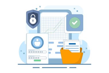 Şifreli mobil cihaz güvenlik konsepti. Düz geliştirici, kullanıcı hesabı verilerini ve ana şifresini korumak için güvenlik sistemini hazırlar. Asgari vektör çizim tasarım biçimi.